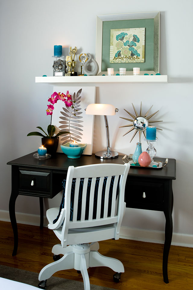 Dark wood desk and white chair for doing homework.