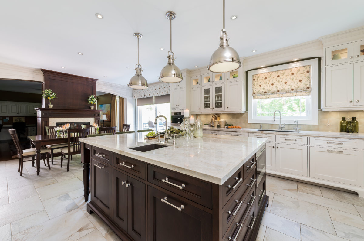 Wood island, white cabinets kitchen