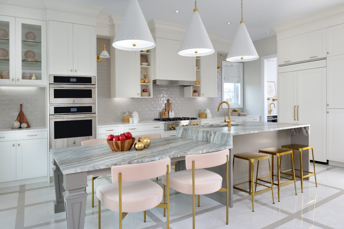 Sorbara Gold and pink kitchen wide angled