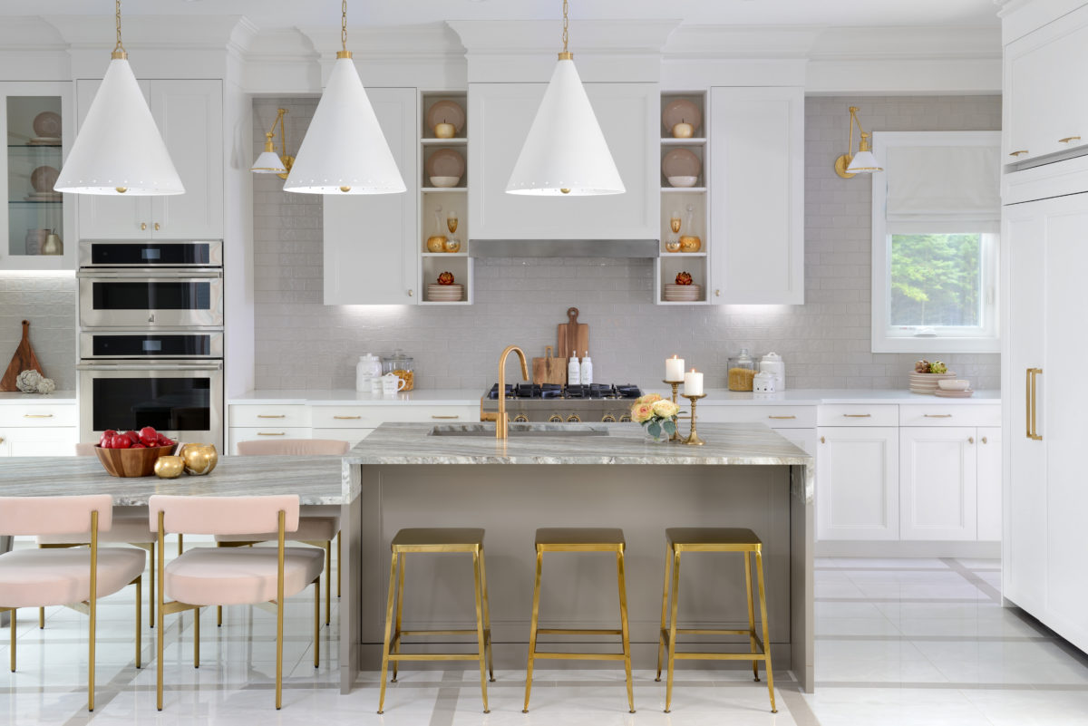 Sorbara Gold and pink kitchen straight on