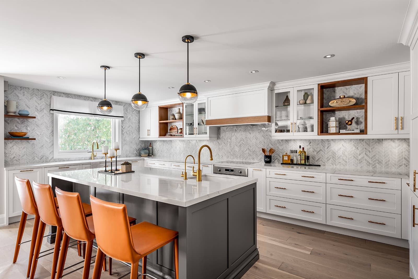 white kitchen gray island 4 leather stools