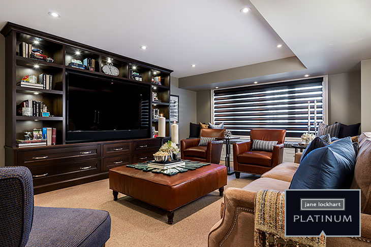 basement living room with TV sofa chairs and coffee table
