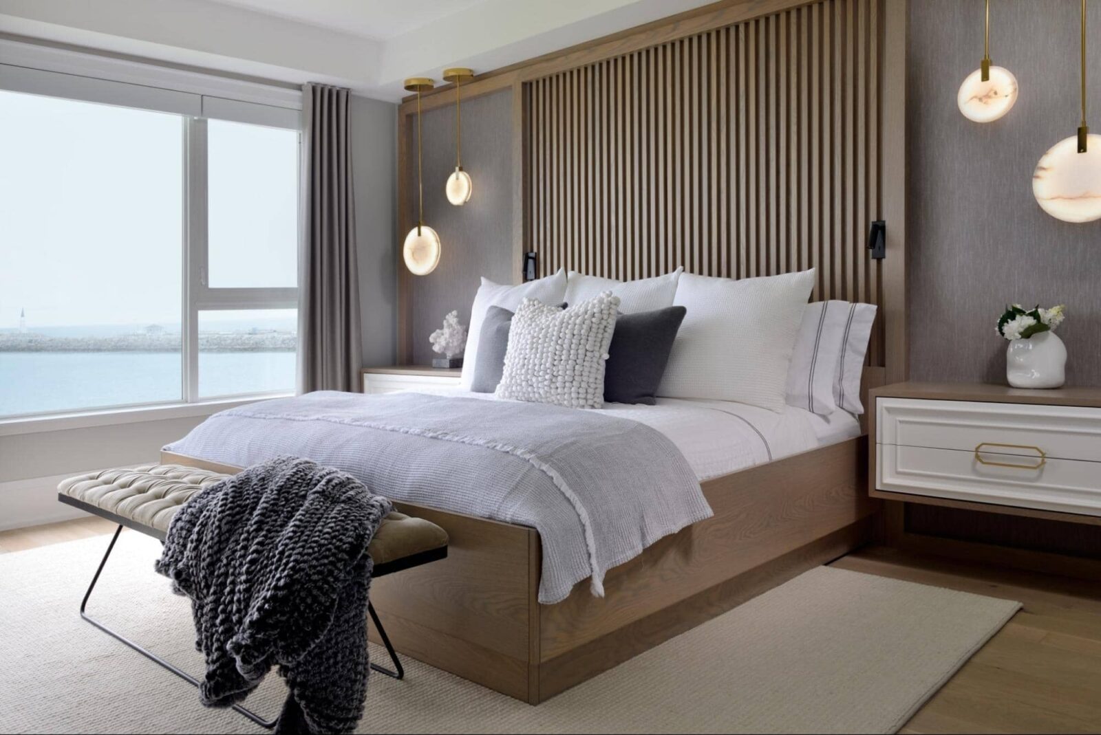 modern bedroom with wood tones