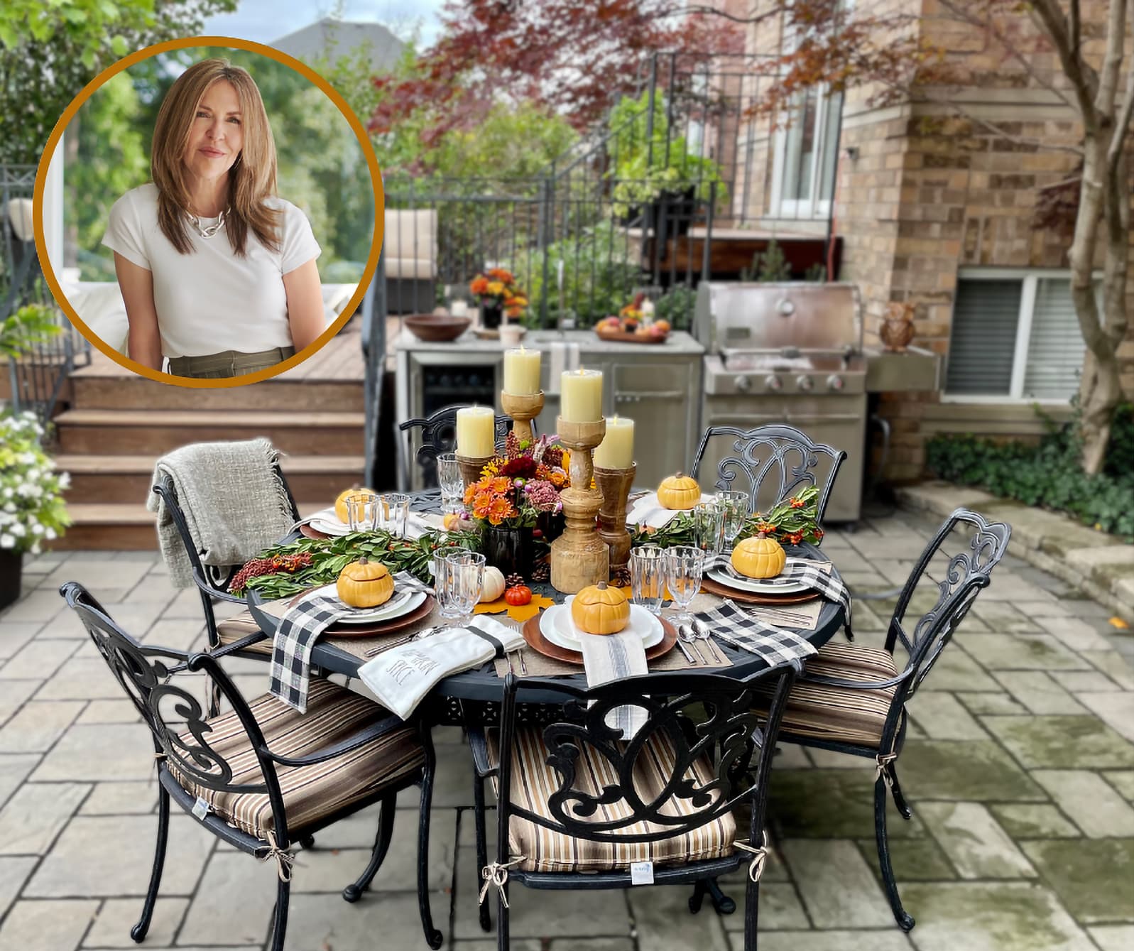 fall decor on outside dining table with Jane Lockhart headshot inset
