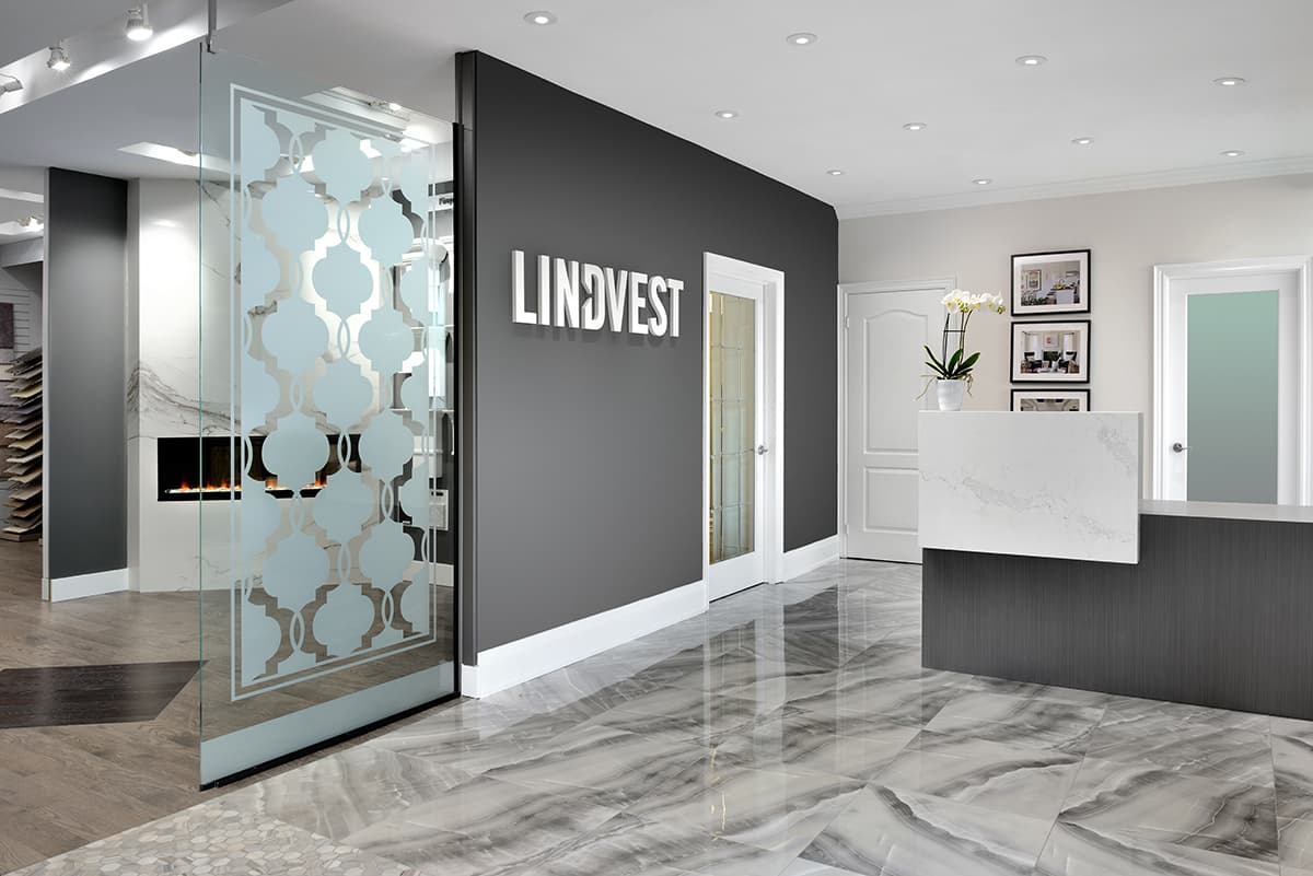 dark grey and white reception area