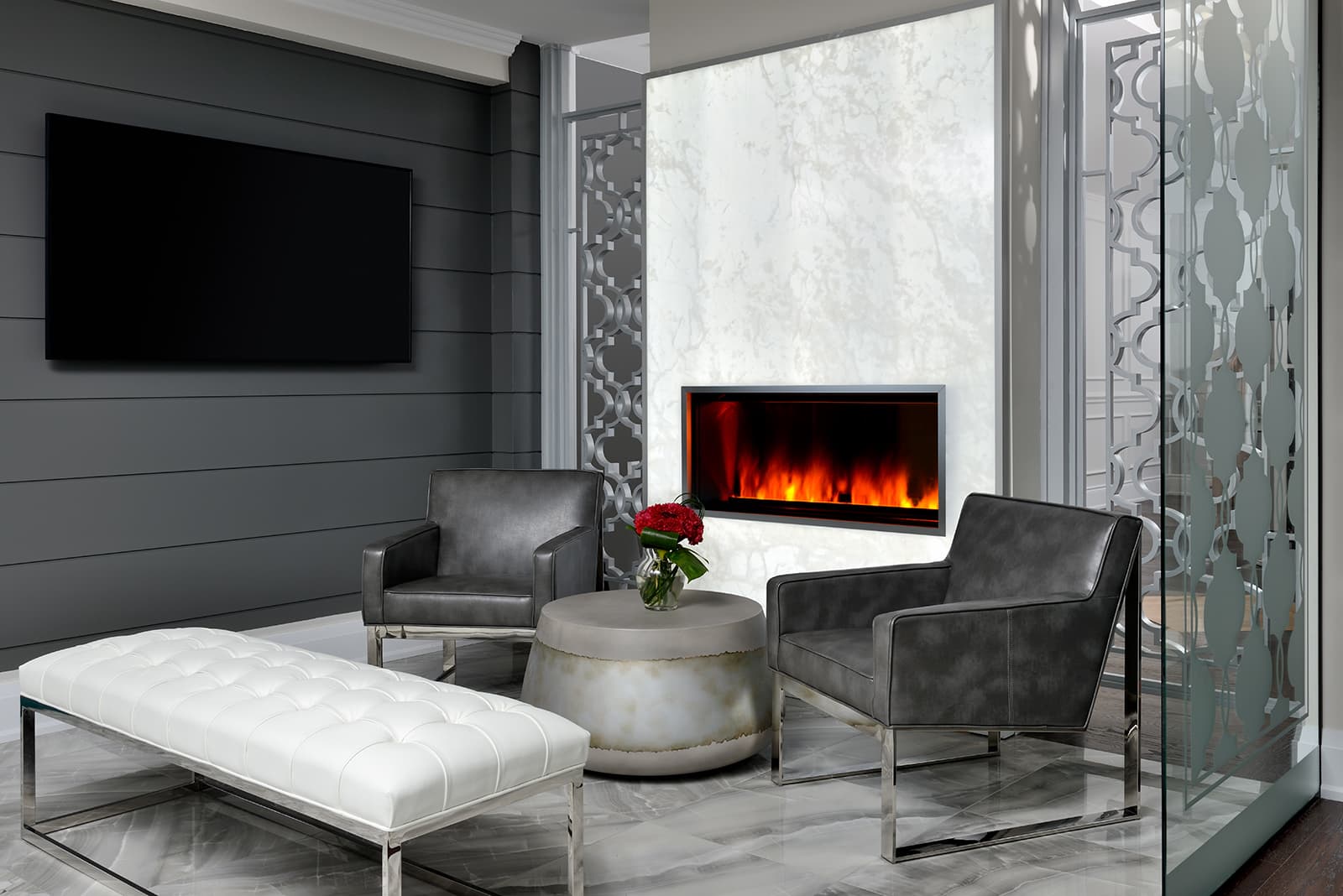 Lindvest Design studio entry with fireplace