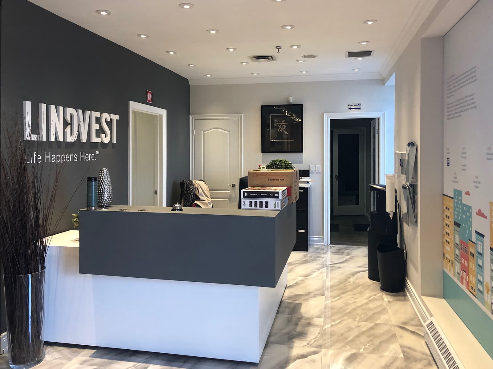 Lindvest Design studio entry with fireplace