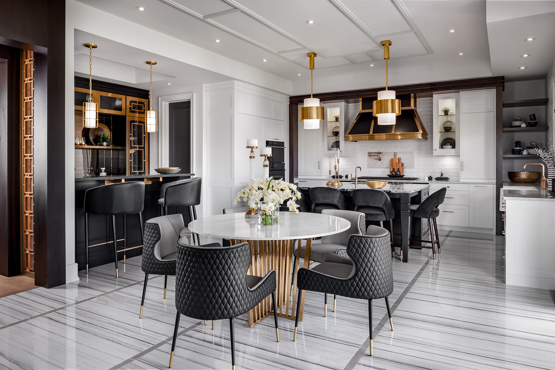 blue sofa white ottoman white lounge chair white fire place