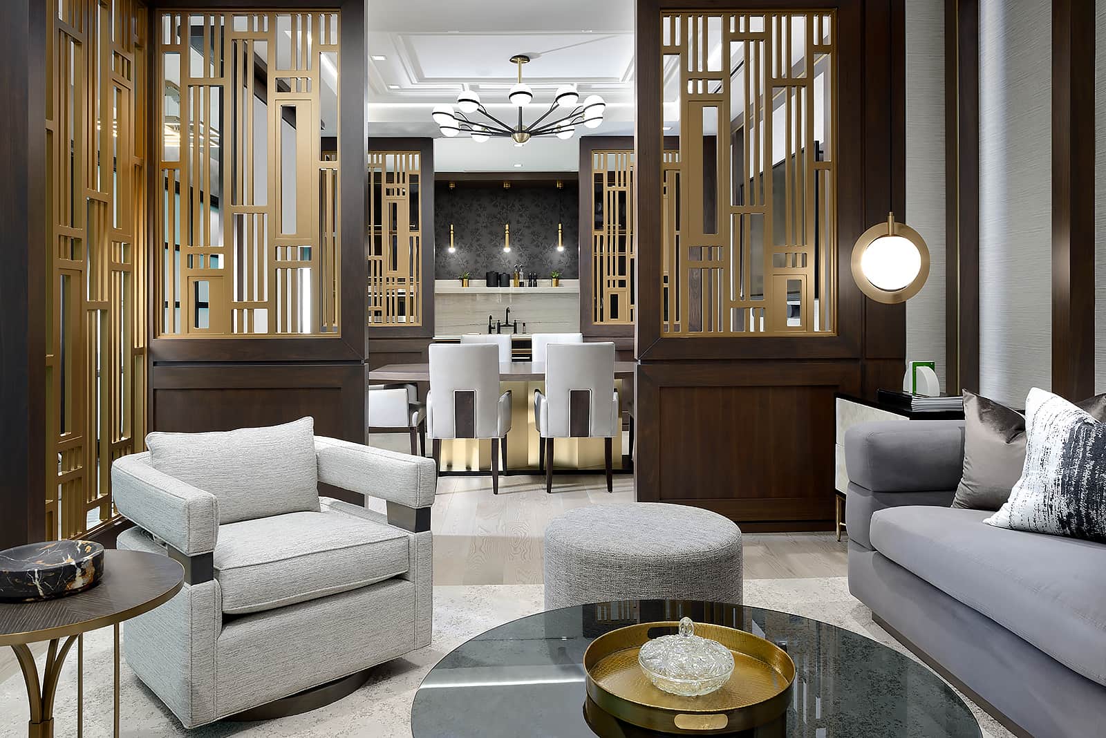 grey sofa, white lounge chair and coffee table