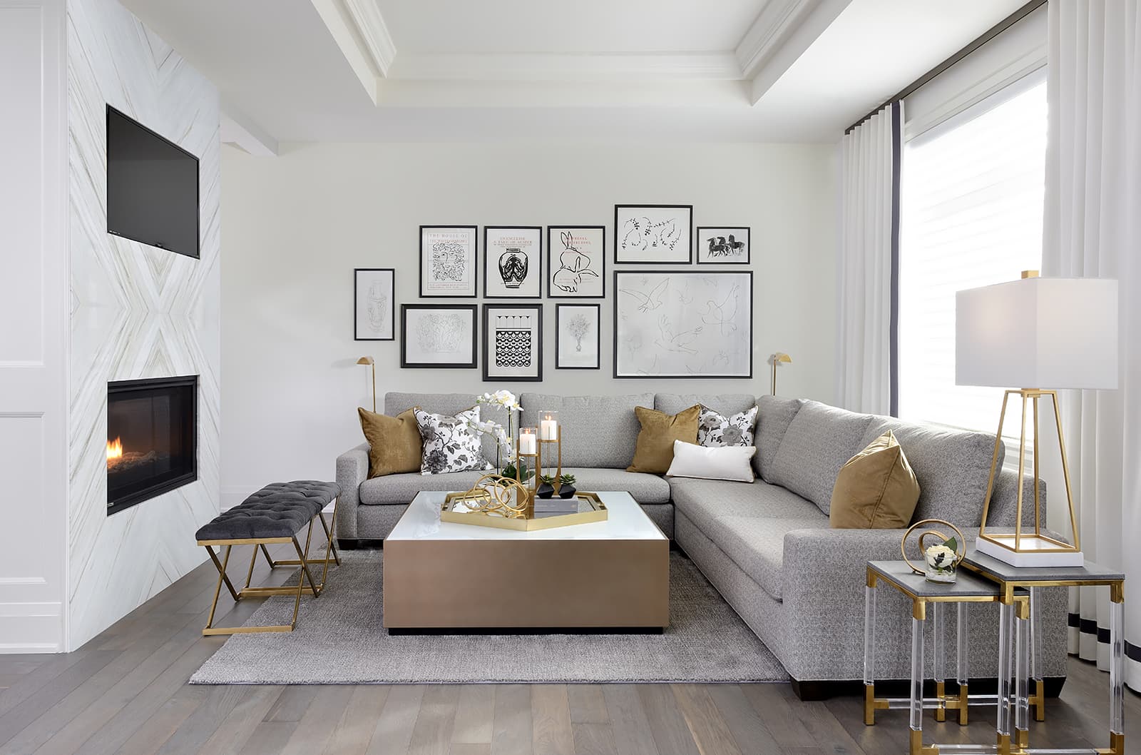 living room with fireplace feature wall