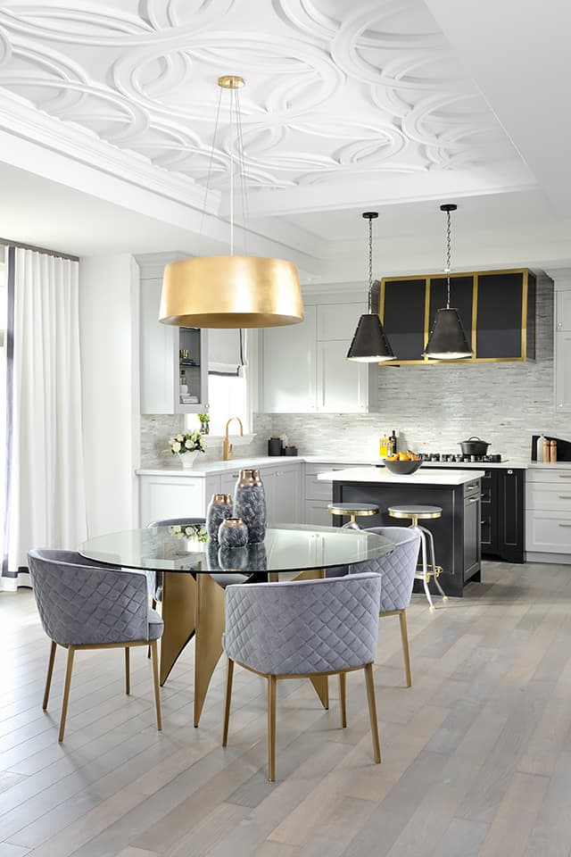 glass kitchen table, 4 chairs, gold pendant light