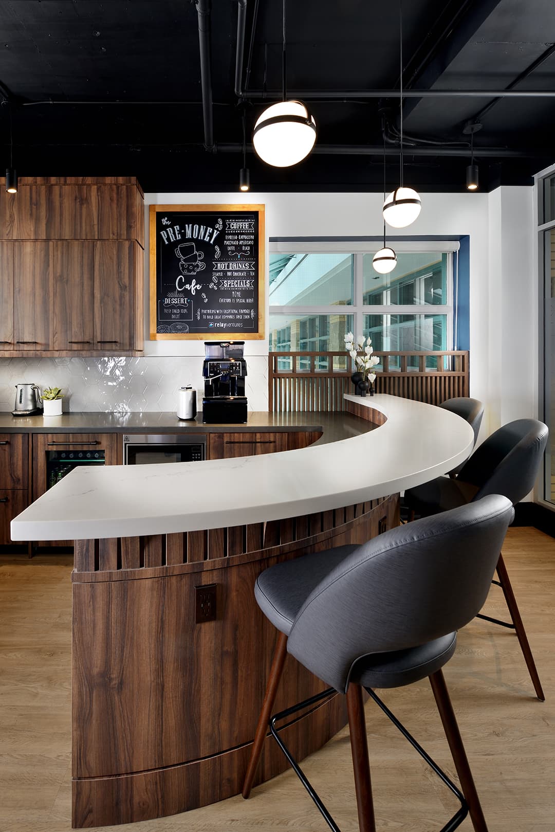 cafe counter 3 stools coffee machine