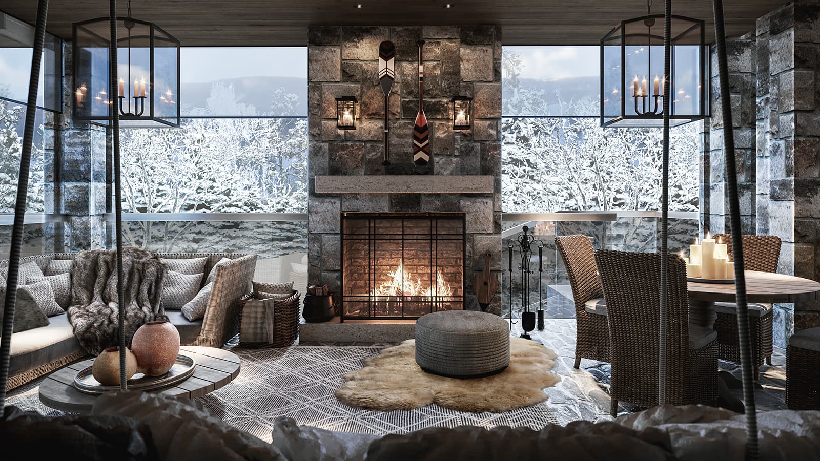 large fireplace setting with a view of snowy mountains