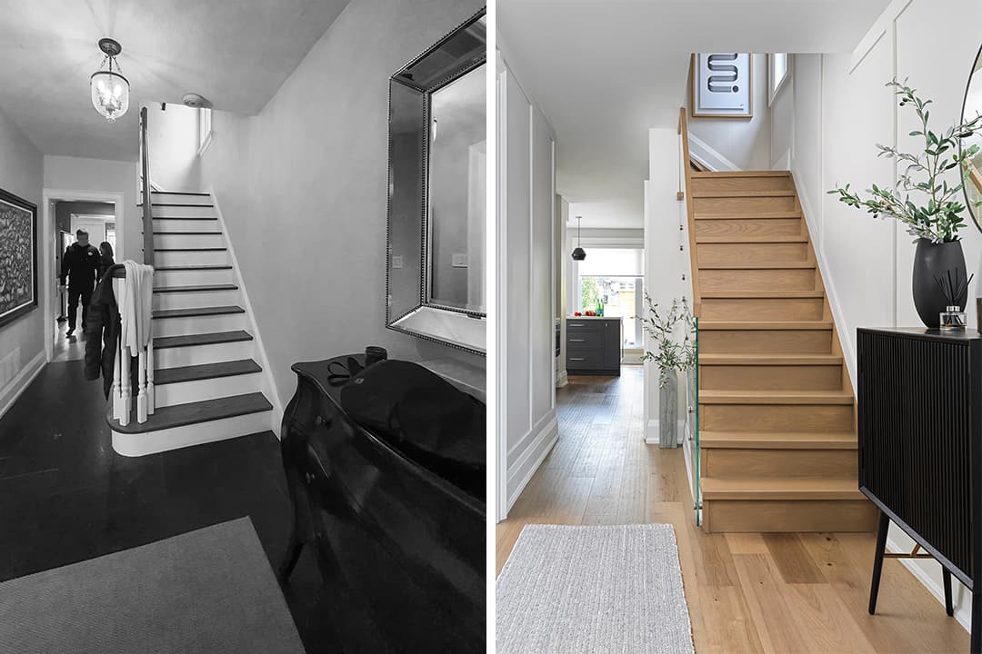Before and after hallway renovation comparison. The dark, dated foyer (left) is transformed into a bright, modern space (right) featuring a light oak staircase with glass railings, white paneling, and airy sightlines