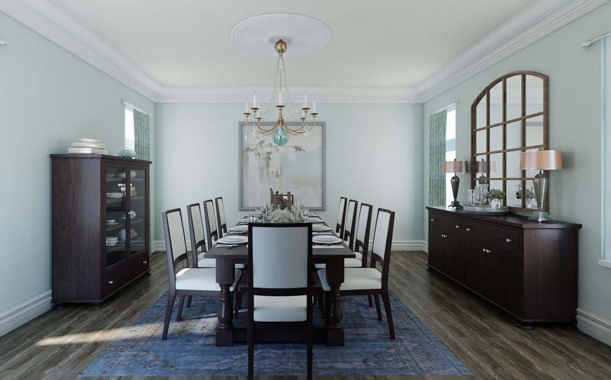 3D rendering of spacious dining room.