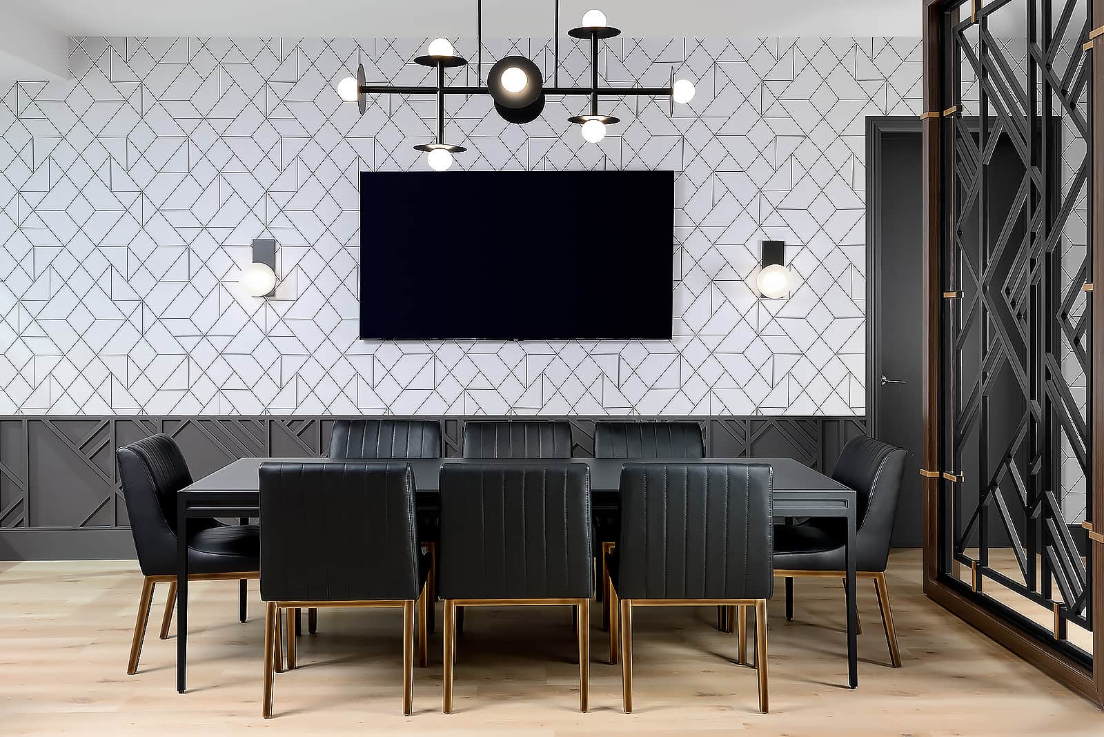 modern dining table with 8 black leather chairs, modern pendant light