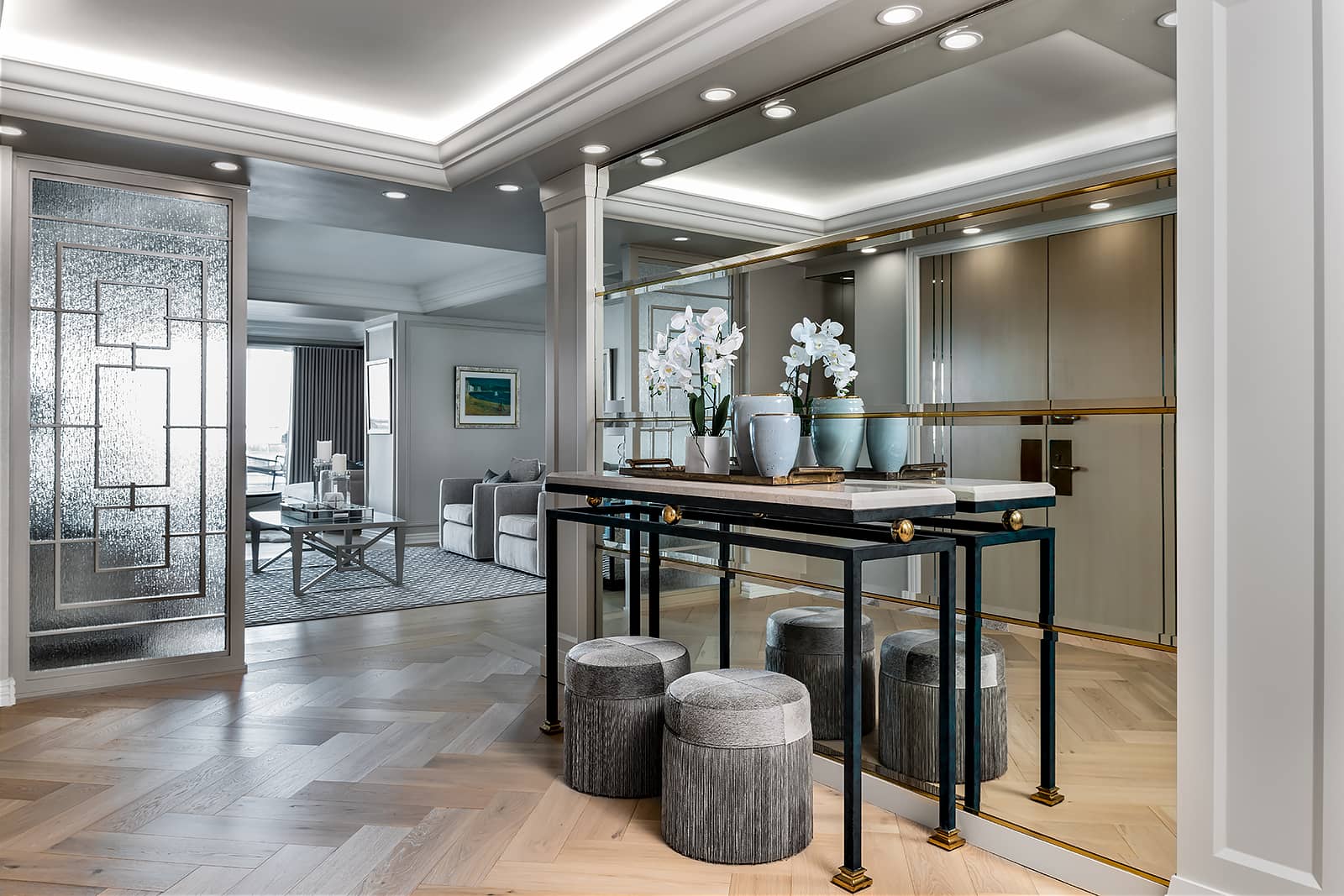 open foyer with mirrored glass