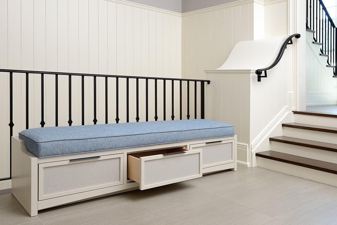 bench with 3 drawers and blue cushion