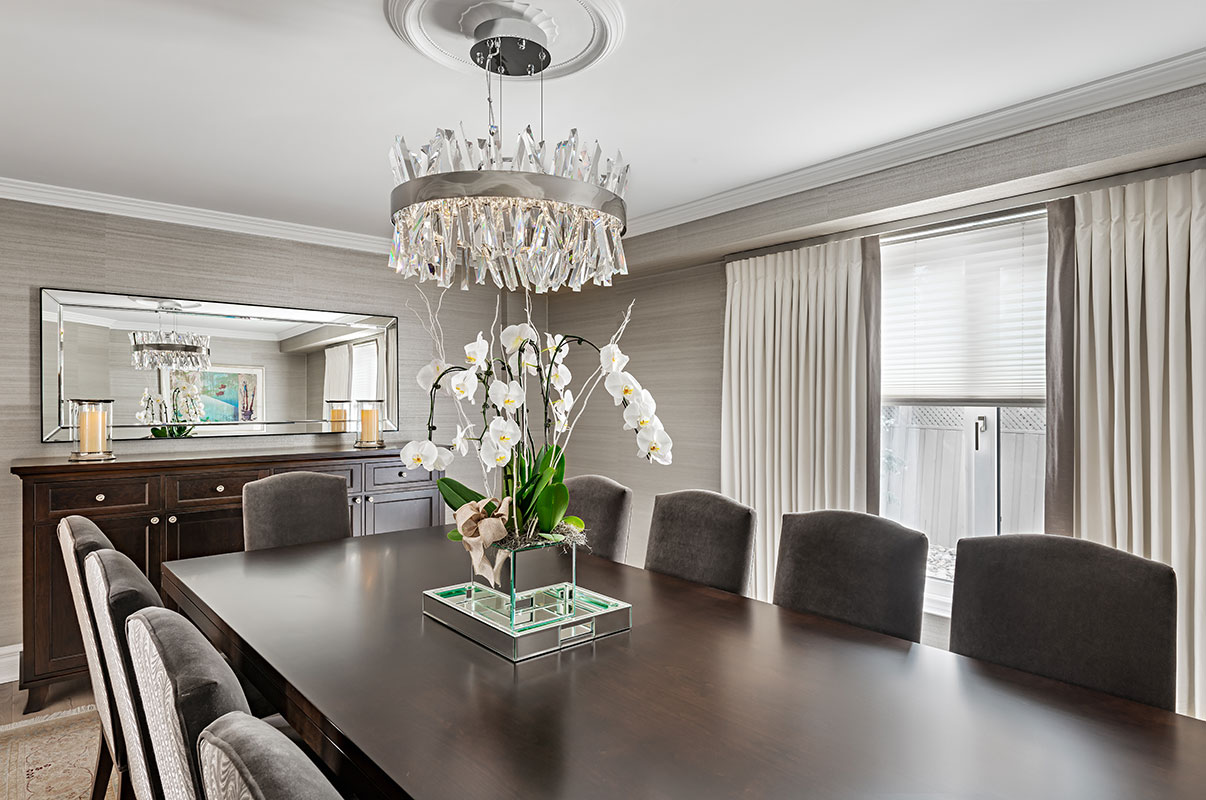 dining room table and chandelier