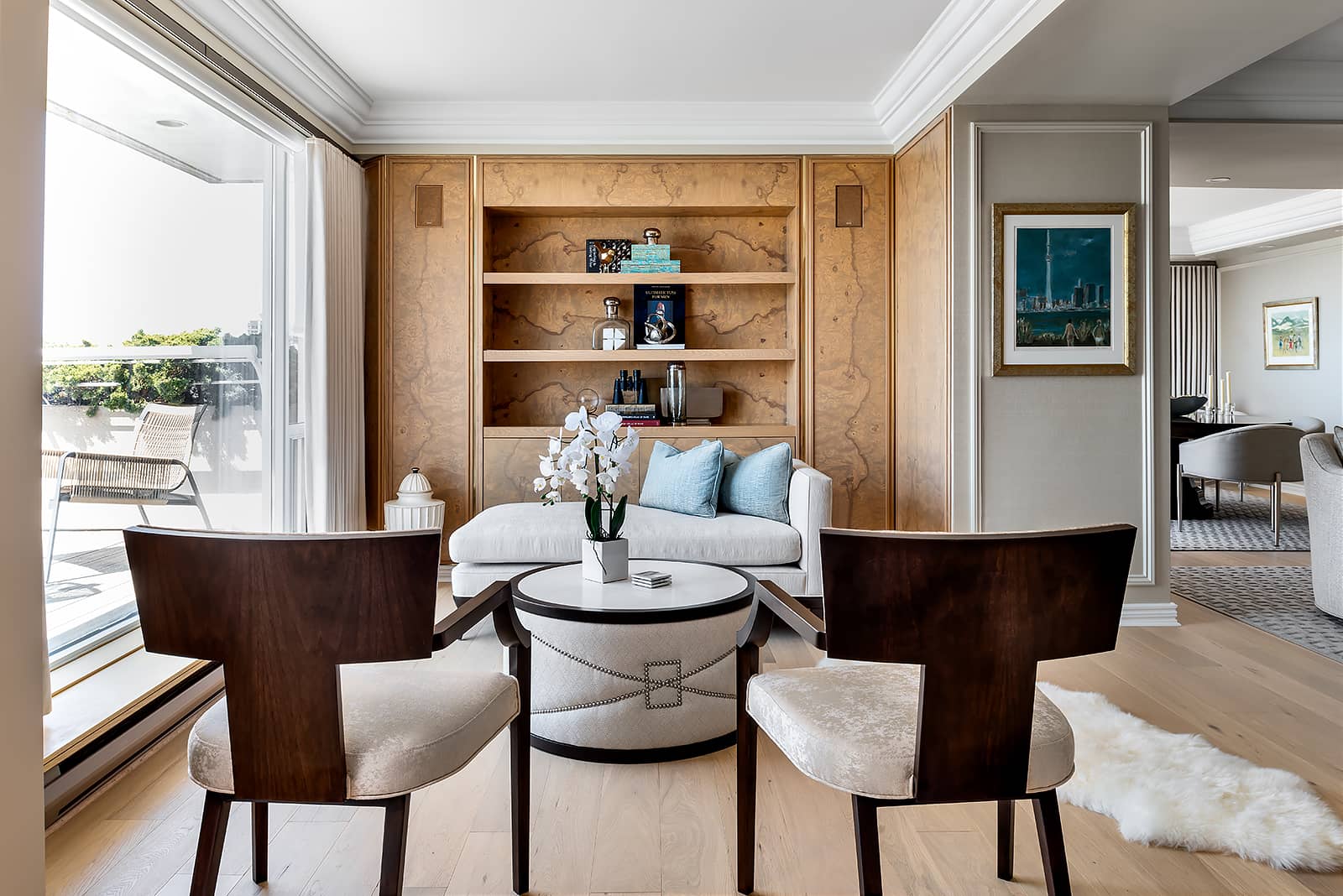two chairs, sheepskin rug, living room