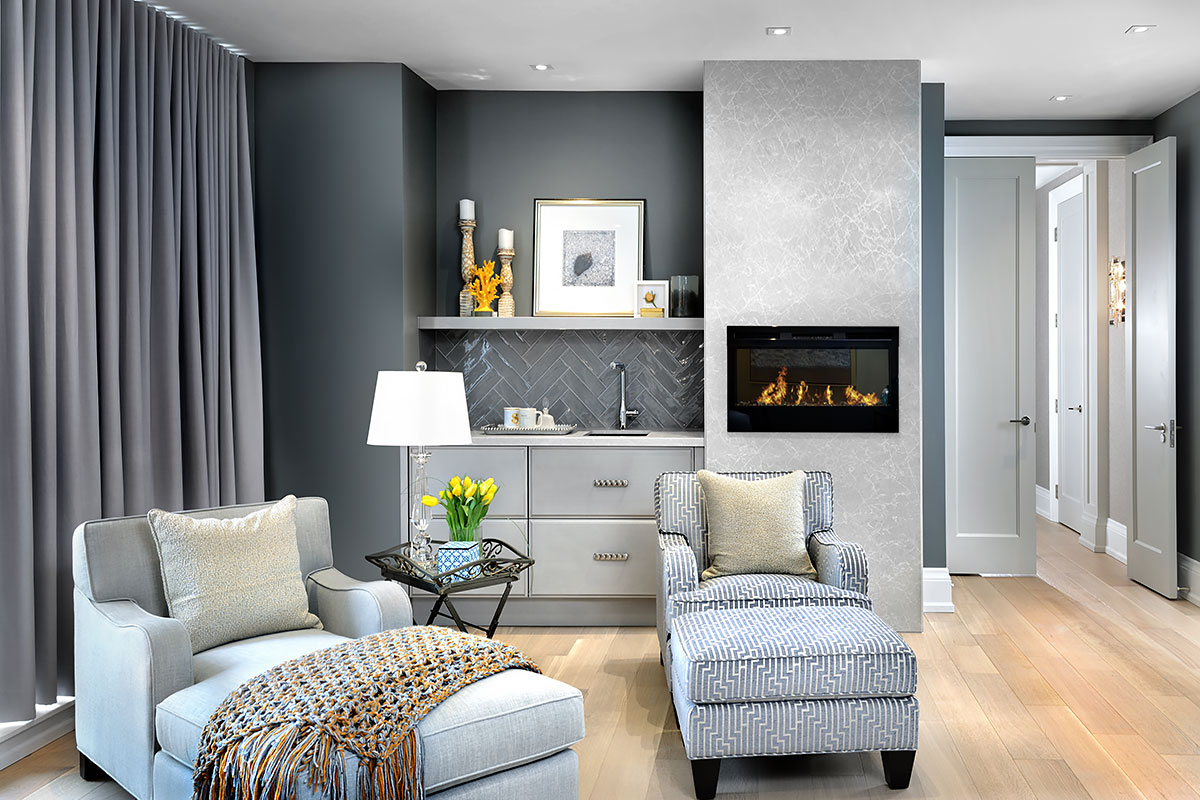 Fireplace in a luxury condo master bedroom