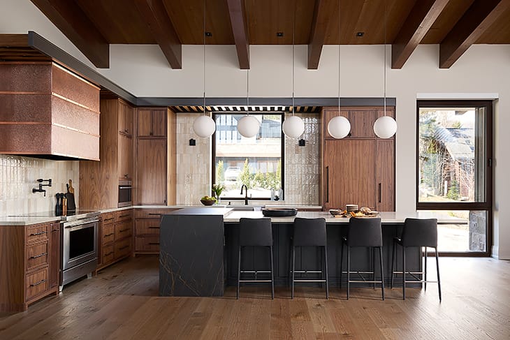 modern ski chalet with dark wood.