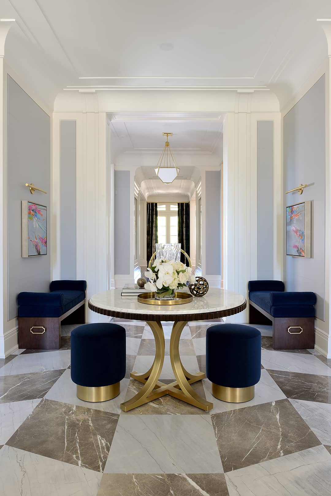 modern luxury hallway marble floor navy benches, stools, gold table